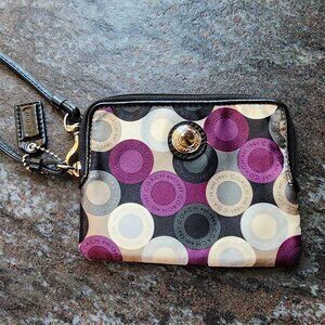 COACH Op Art Small Purple Satin/Leather Trim Wristlet